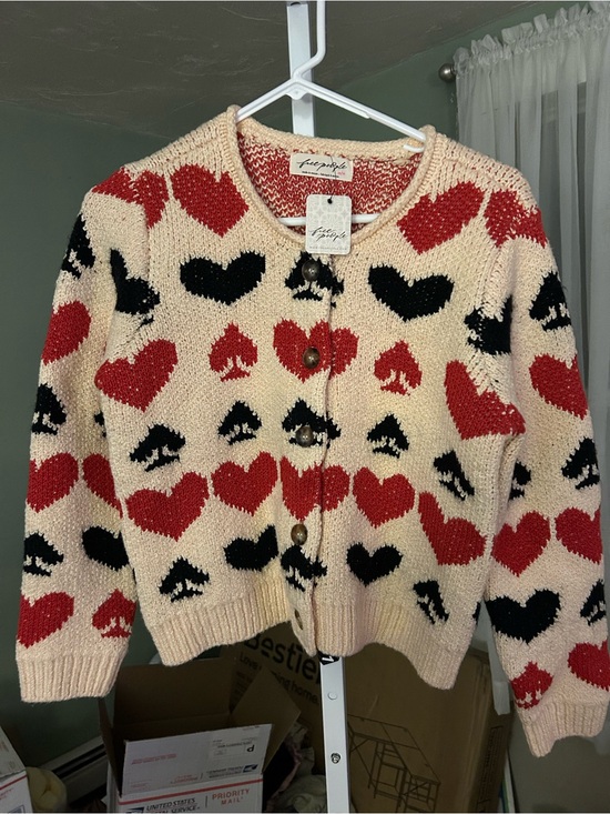 Free People Sweaters - Free People Cream Cardigan with Red & Black Heart & Spade Motif